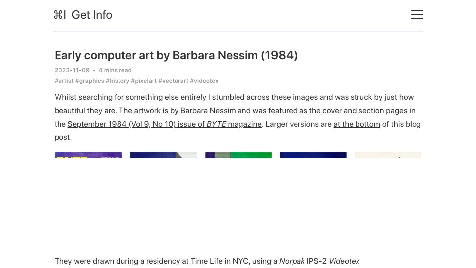 Screenshot of blog.gingerbeardman.com: Early computer art by Barbara Nessim (1984)
