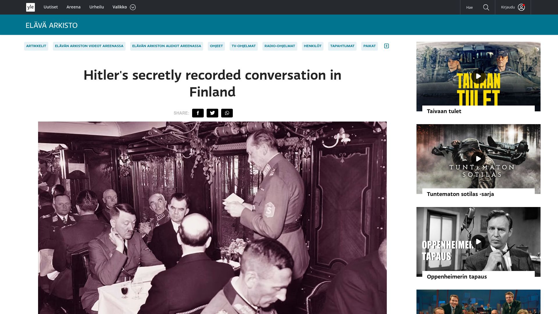Screenshot of yle.fi: Hitler-Mannerheim Recording