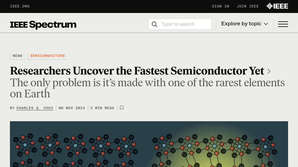 Screenshot of spectrum.ieee.org: Researchers uncover the fastest semiconductor yet