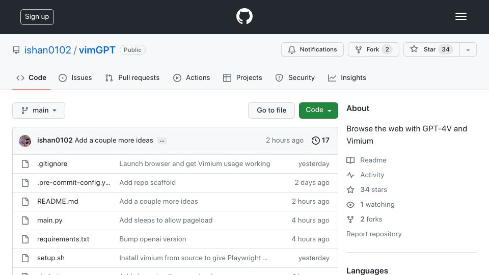 Screenshot of github.com: Using GPT-4 Vision with Vimium to browse the web