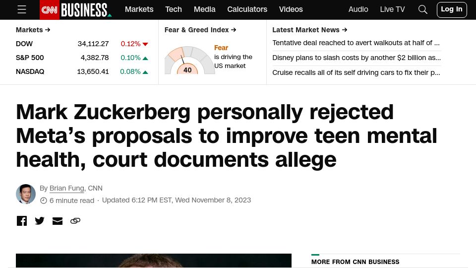 Screenshot of cnn.com: Zuckerberg personally rejected Meta's proposals to improve teen mental health