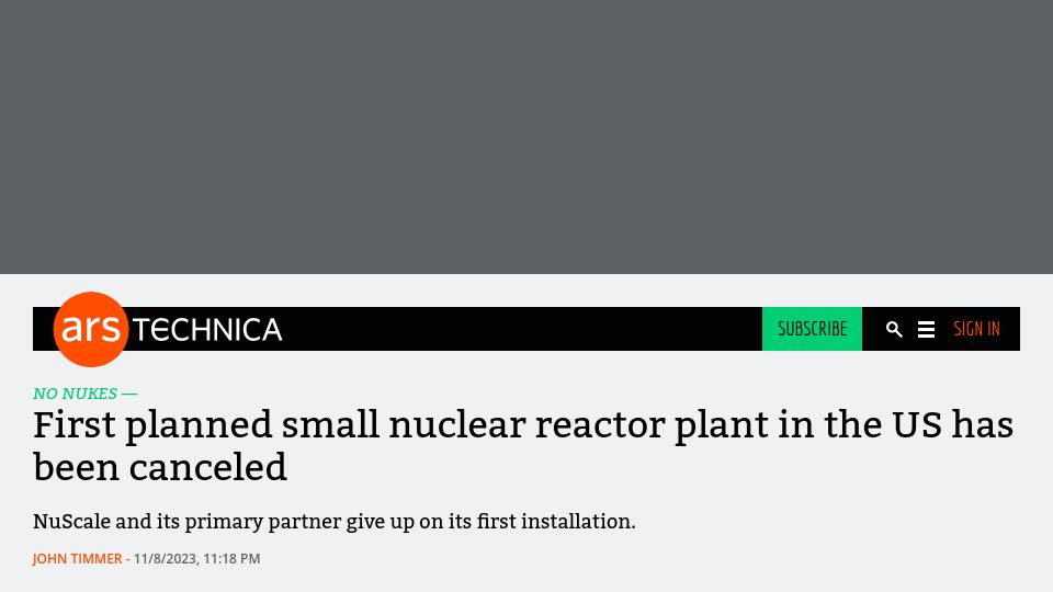 Screenshot of arstechnica.com: First planned small nuclear reactor plant in the US has been canceled