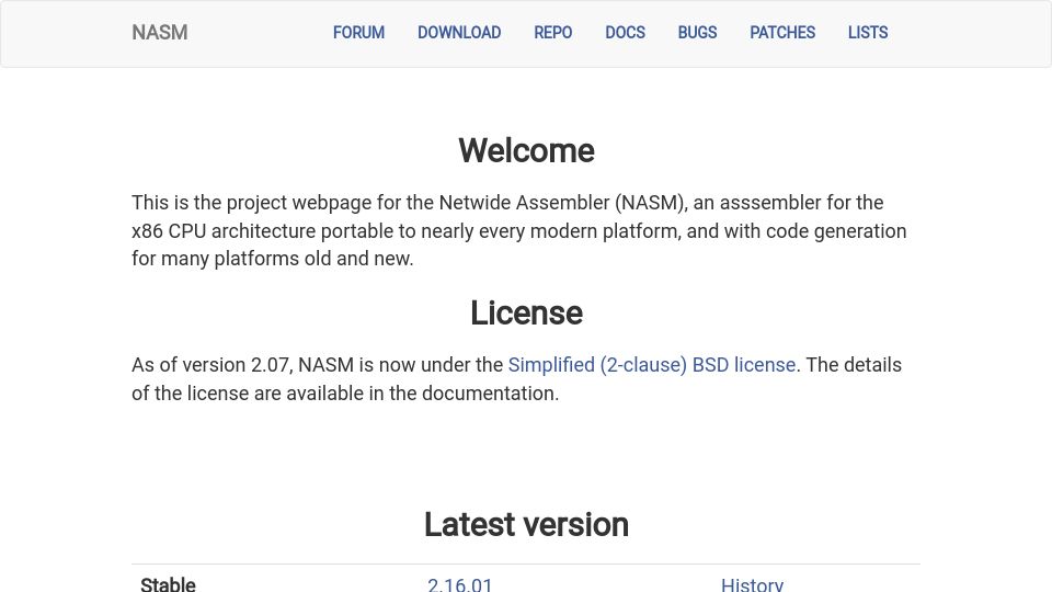Screenshot of nasm.us: The Netwide Assembler (NASM)