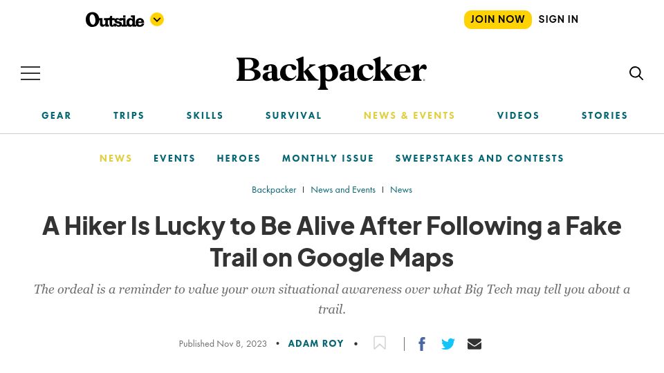 Screenshot of backpacker.com: A Hiker Is Lucky to Be Alive After Following a Fake Trail on Google Maps