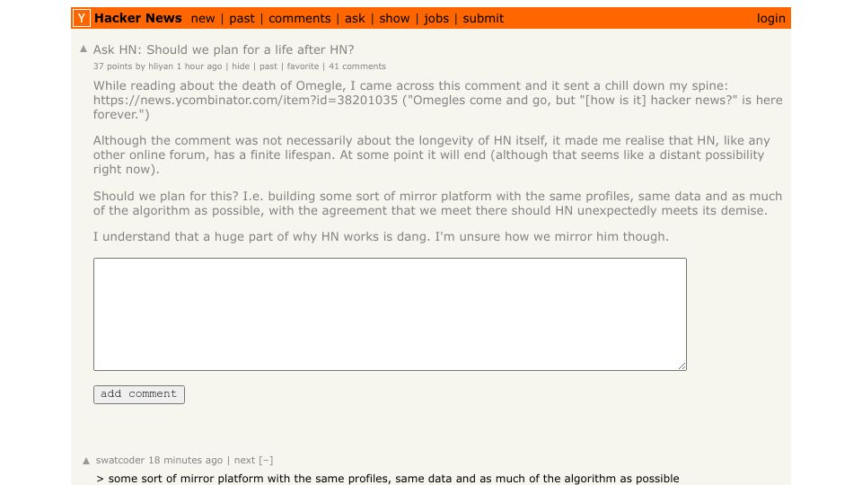 Screenshot of Hacker News post: Ask HN: Should we plan for a life after HN?