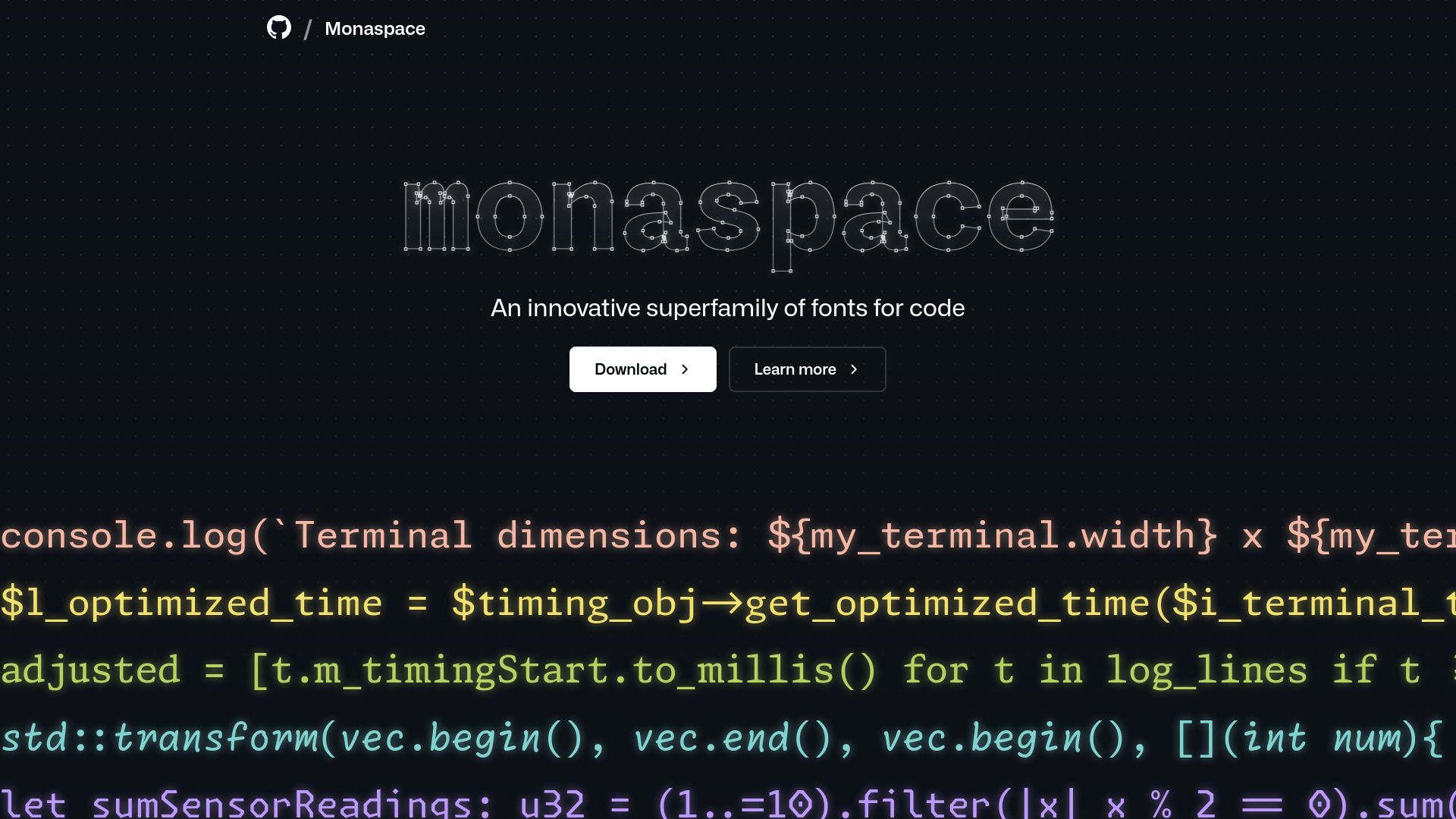 Screenshot of monaspace.githubnext.com: Monaspace