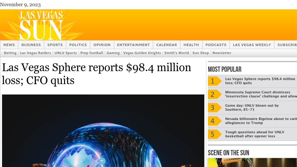 Screenshot of lasvegassun.com: Las Vegas Sphere reports $98.4M loss; CFO quits