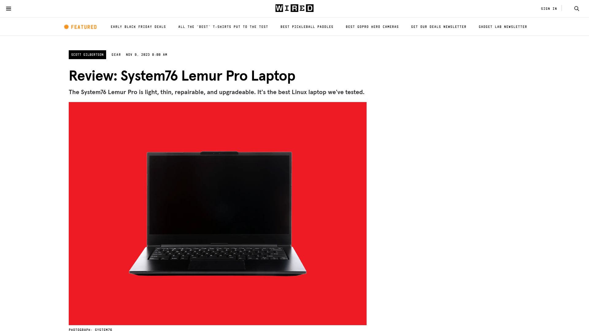 Screenshot of wired.com: System76's Lemur Pro Laptop Is Just a Nice Linux Laptop