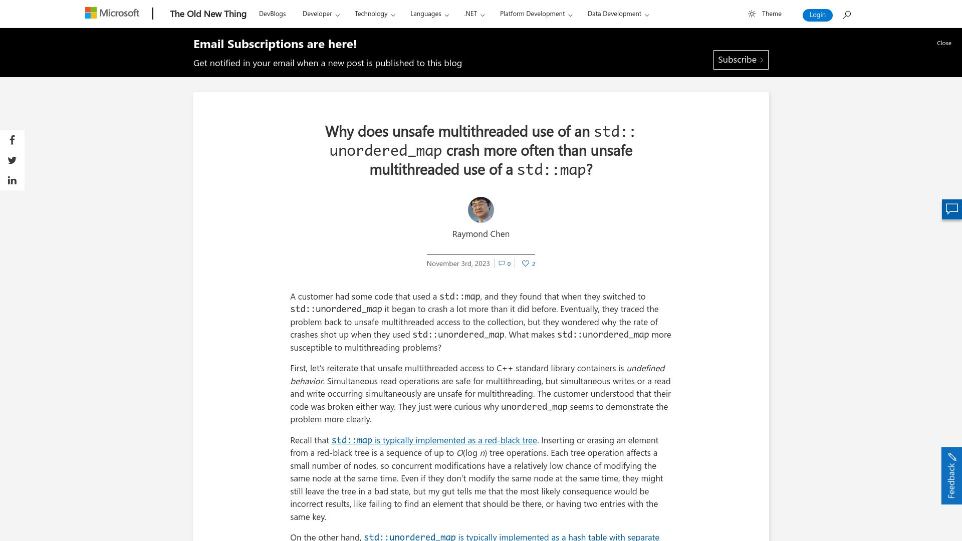 Screenshot of devblogs.microsoft.com: Why does unsafe multithreaded std:unordered_map crash more than std:map?