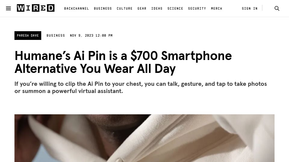 Screenshot of wired.com: Humane launches $699 Ai Pin