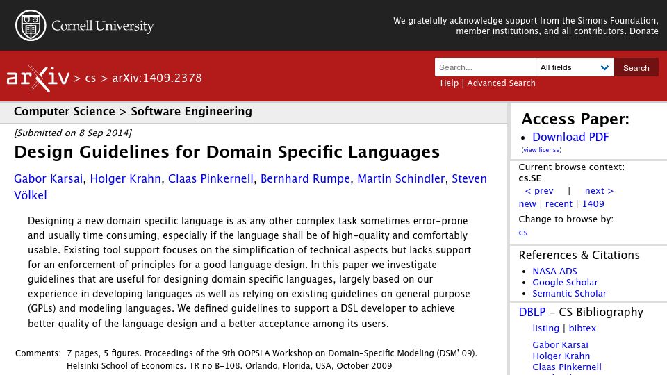 Screenshot of arxiv.org: Design Guidelines for Domain Specific Languages (2014)