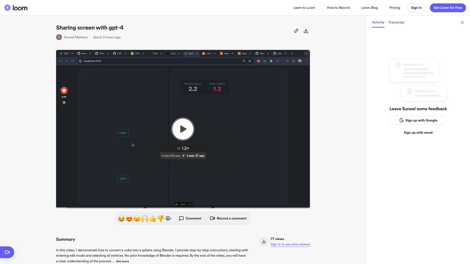 Screenshot of loom.com: Sharing Screen with GPT 4 vision