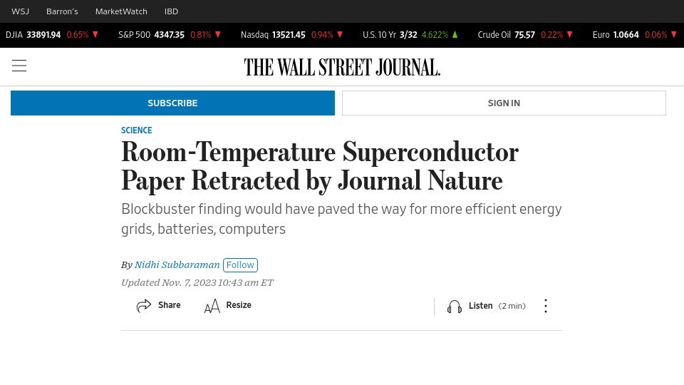 Screenshot of wsj.com: Room Temperature Superconductor Paper Retracted by Journal Nature