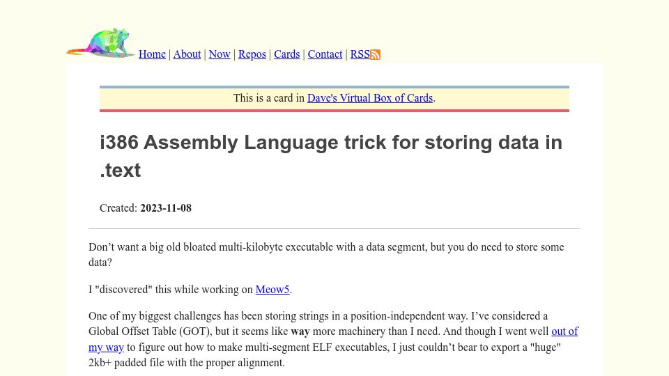 Screenshot of ratfactor.com: i386 Assembly Language trick for storing data in .text