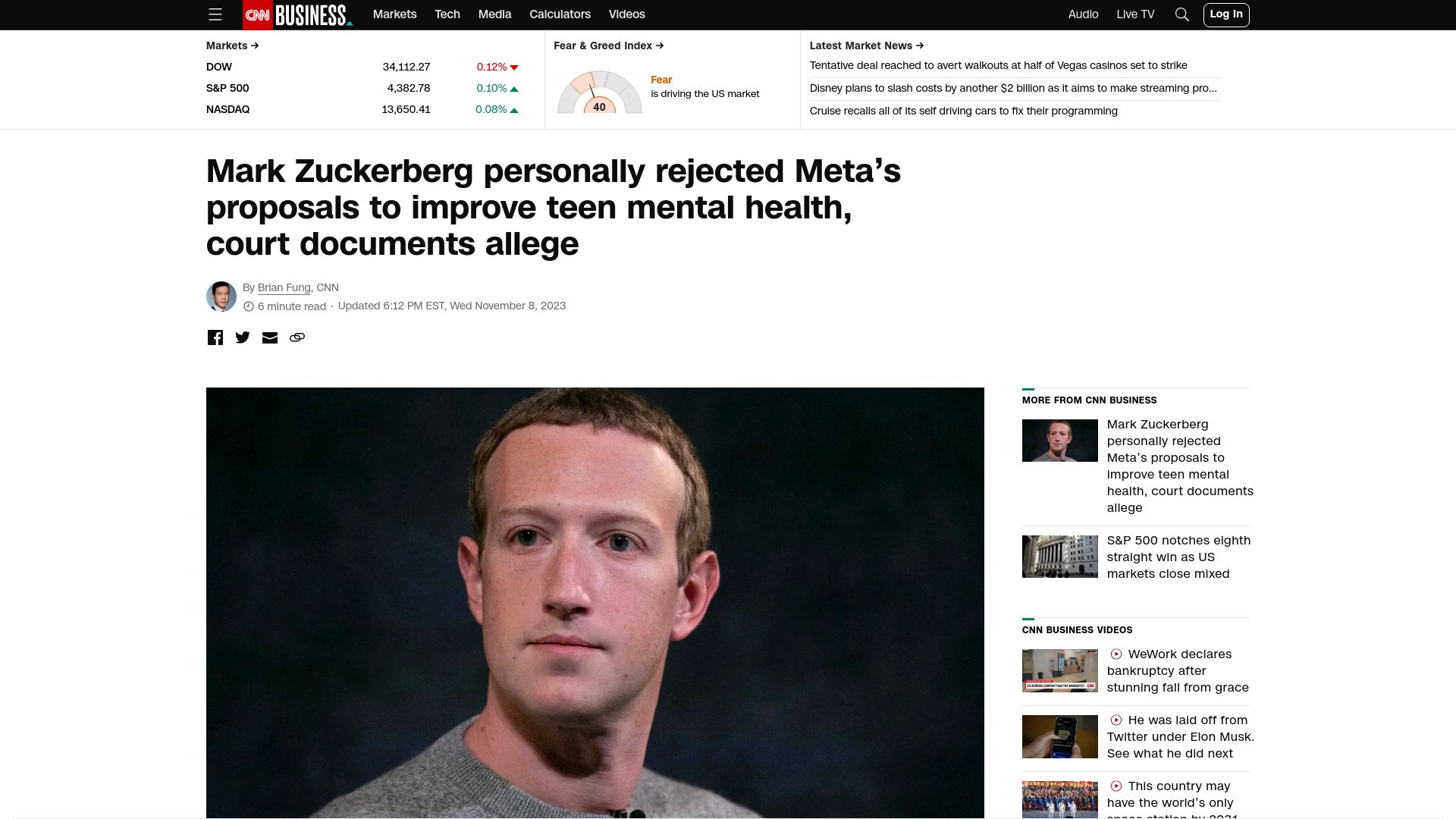 Screenshot of cnn.com: Zuckerberg personally rejected Meta's proposals to improve teen mental health