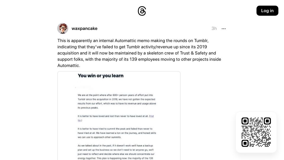 Screenshot of threads.net: You Win or You Learn