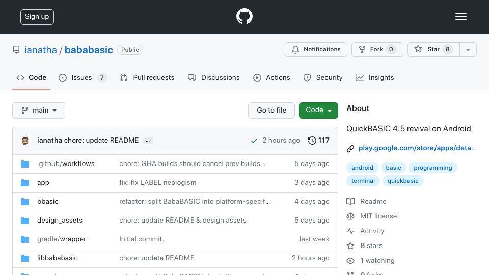 Screenshot of github.com: Show HN: QBasic 4.5 on Android
