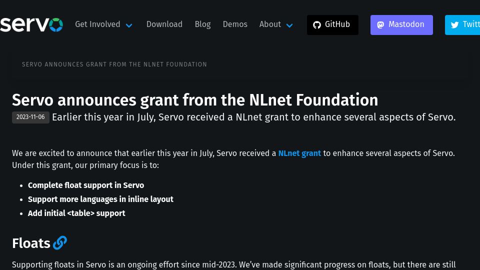 Screenshot of servo.org: Servo announces grant from the NLnet Foundation