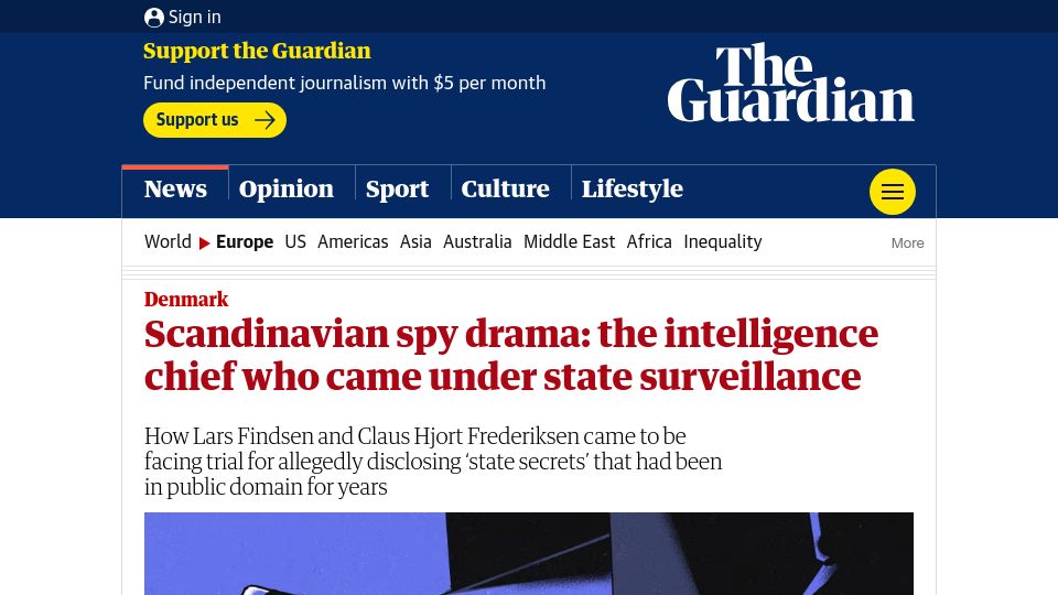 Screenshot of theguardian.com: Scandinavian spy drama: An intelligence chief who came under state surveillance