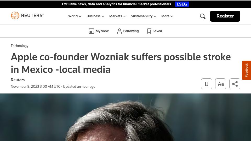 Screenshot of reuters.com: Steve Wozniak Hospitalized in Mexico City