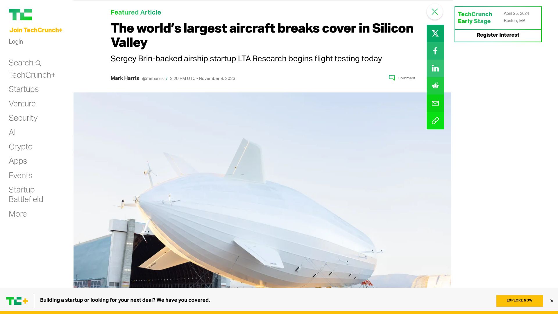 Screenshot of techcrunch.com: World's largest aircraft breaks cover in Silicon Valley