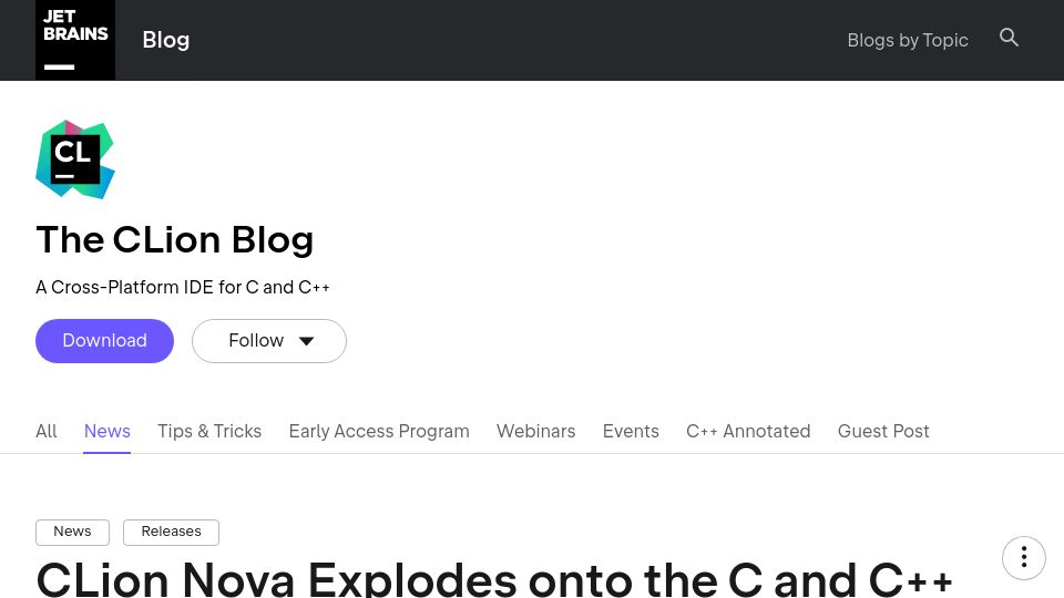 Screenshot of blog.jetbrains.com: Preview of CLion Nova, which uses the ReSharper C++/Rider C++ language engine