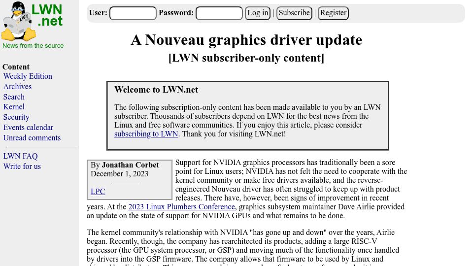 Screenshot of lwn.net: A Nouveau graphics driver update