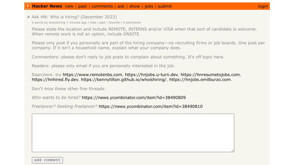 Screenshot of Hacker News post: Ask HN: Who is hiring? (December 2023)