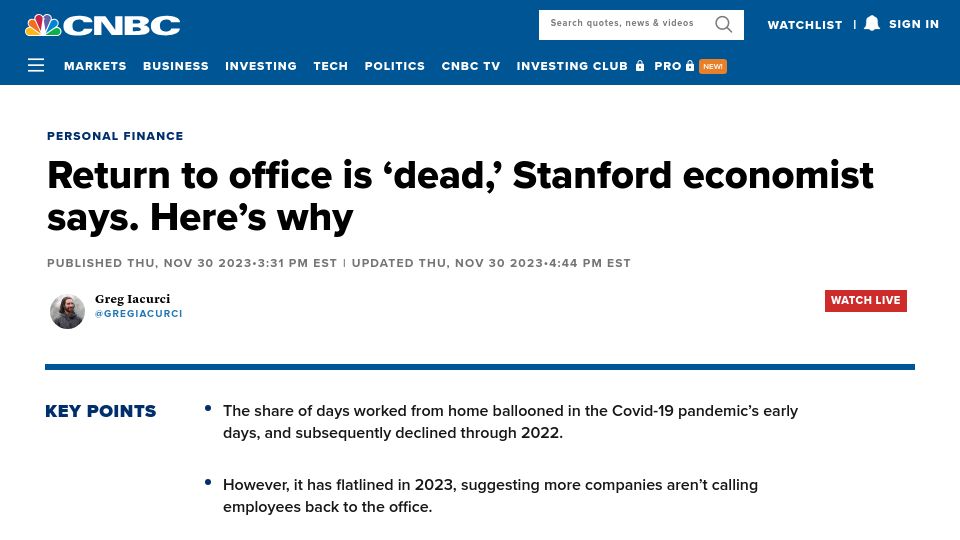 Screenshot of cnbc.com: Return to office is 'dead,' Stanford economist says