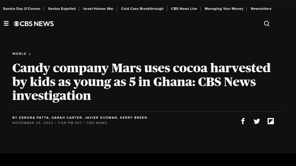 Screenshot of cbsnews.com: Cocoa harvested by kids as young as 5 in Ghana: CBS News investigation