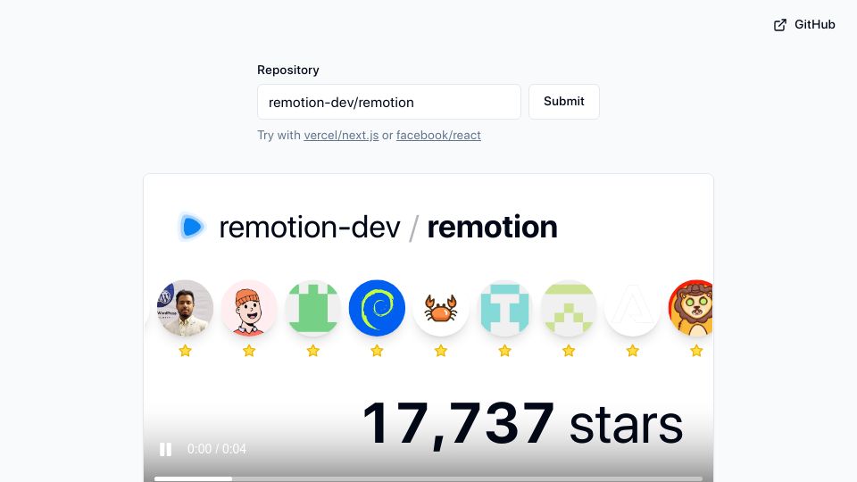 Screenshot of scastiel.dev: Show HN: Generate a video to animate stars of any GitHub repository