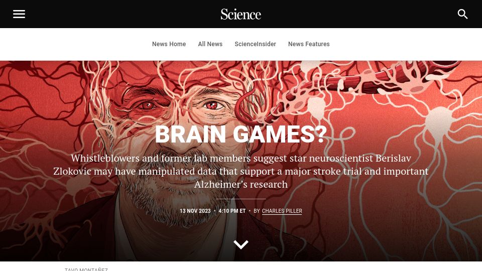 Screenshot of science.org: Star neuroscientist may have manipulated data to support a major stroke trial
