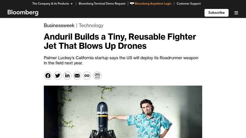 Screenshot of bloomberg.com: Anduril Builds a Tiny, Reusable Fighter Jet That Blows Up Drones