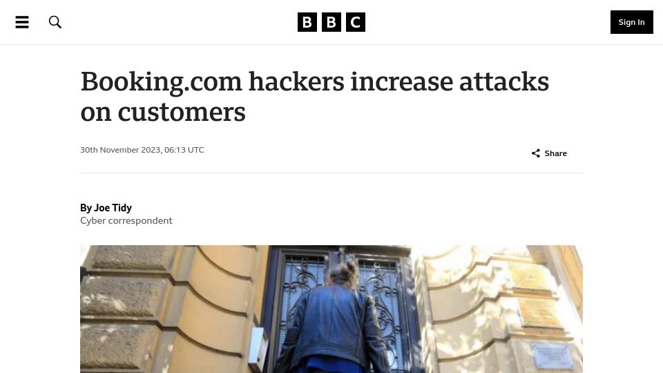 Screenshot of bbc.co.uk: Booking.com hackers increase attacks on customers