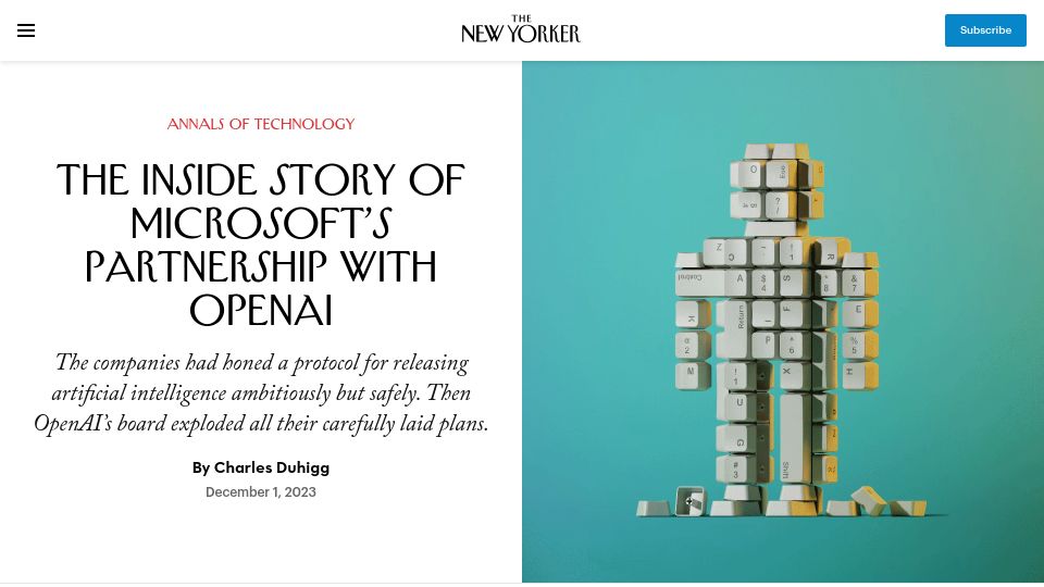 Screenshot of newyorker.com: The Inside Story of Microsoft's Partnership with OpenAI