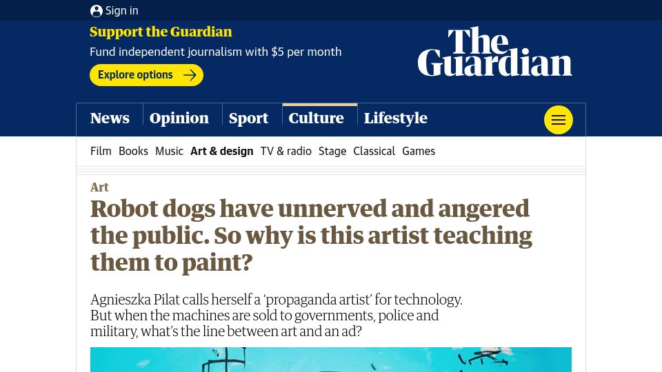 Screenshot of theguardian.com: Why is this artist teaching Boston Dynamics dogs to paint?