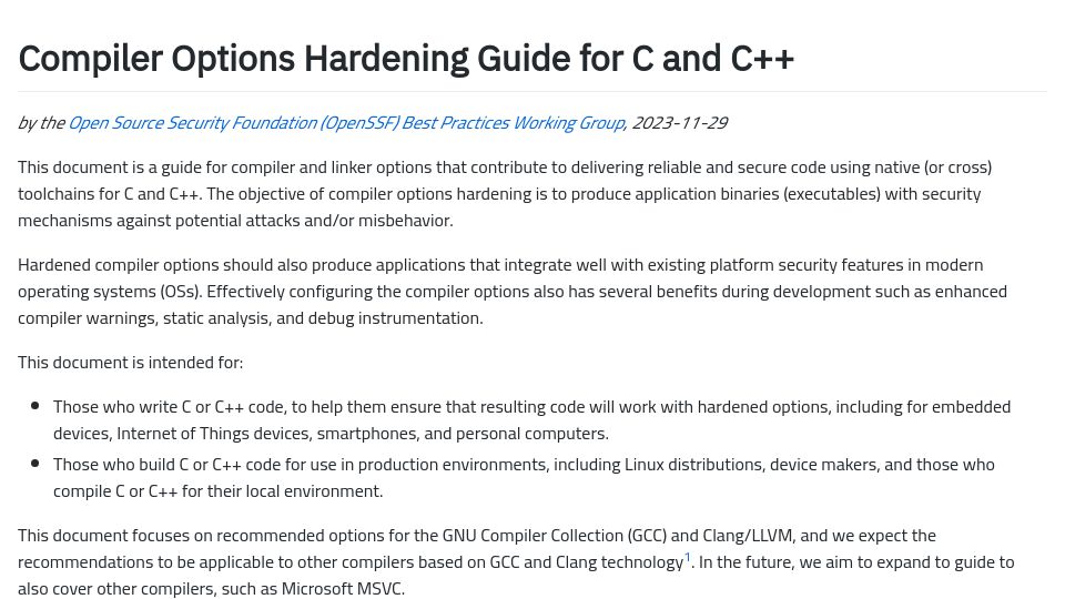 Screenshot of best.openssf.org: Compiler Options Hardening Guide for C and C++