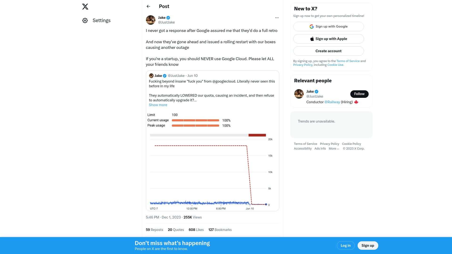 Screenshot of twitter.com: I never got a response after Google assured me that they'd do a full retro