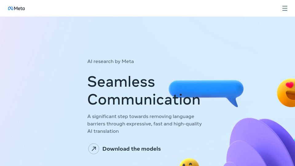 Screenshot of ai.meta.com: The Seamless Communication models