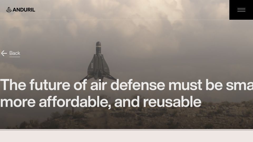 Screenshot of anduril.com: The future of air defense must be smarter, more affordable, and reusable