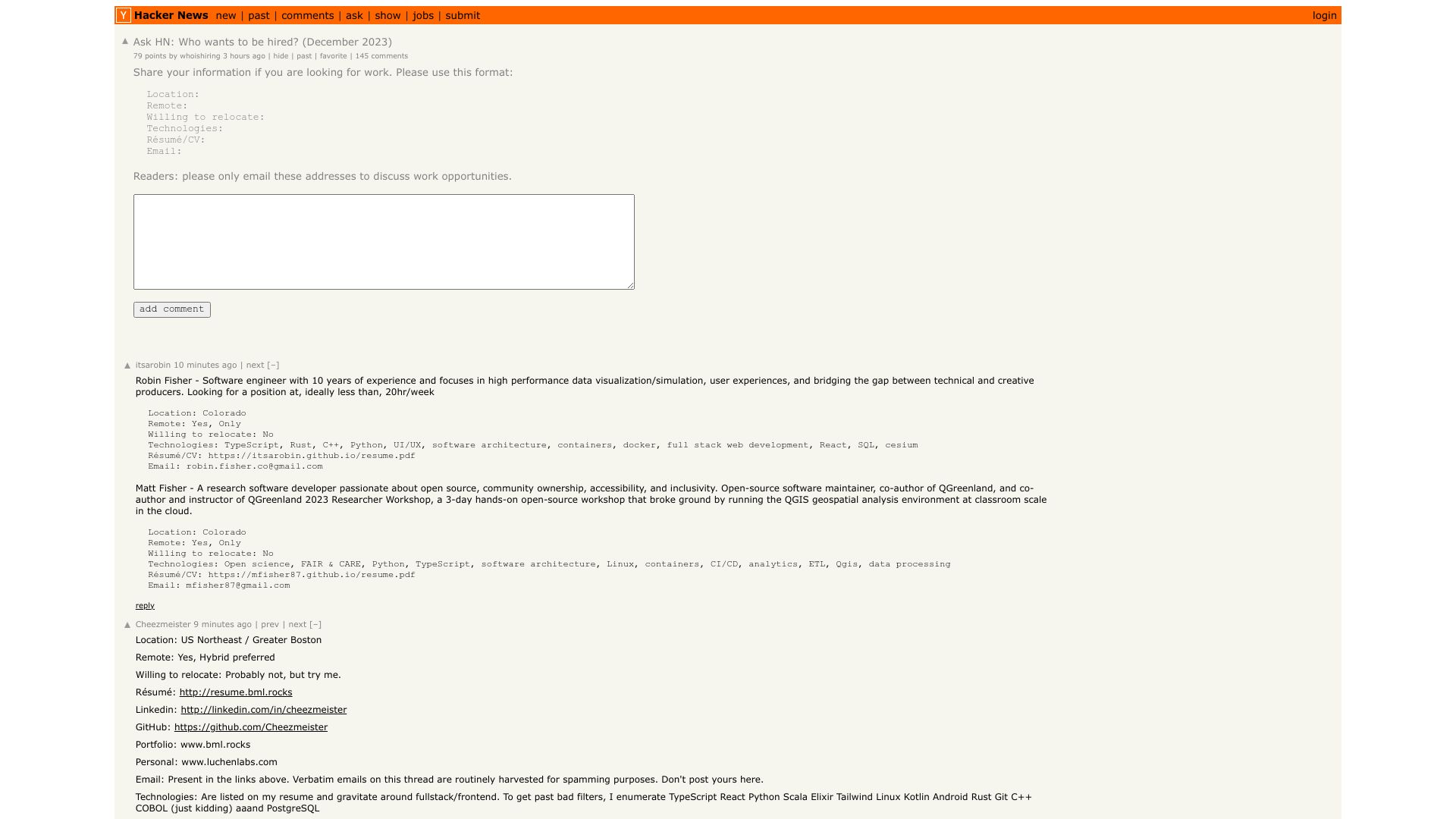 Screenshot of this Hacker News post: Ask HN: Who wants to be hired? (December 2023)