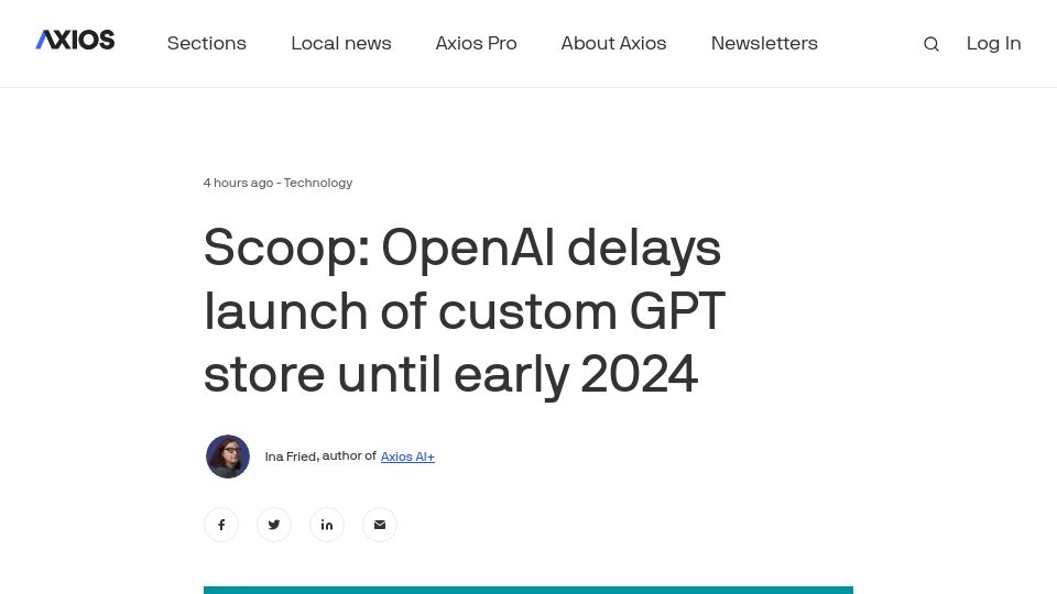 Screenshot of axios.com: OpenAI delays launch of custom GPT store until early 2024
