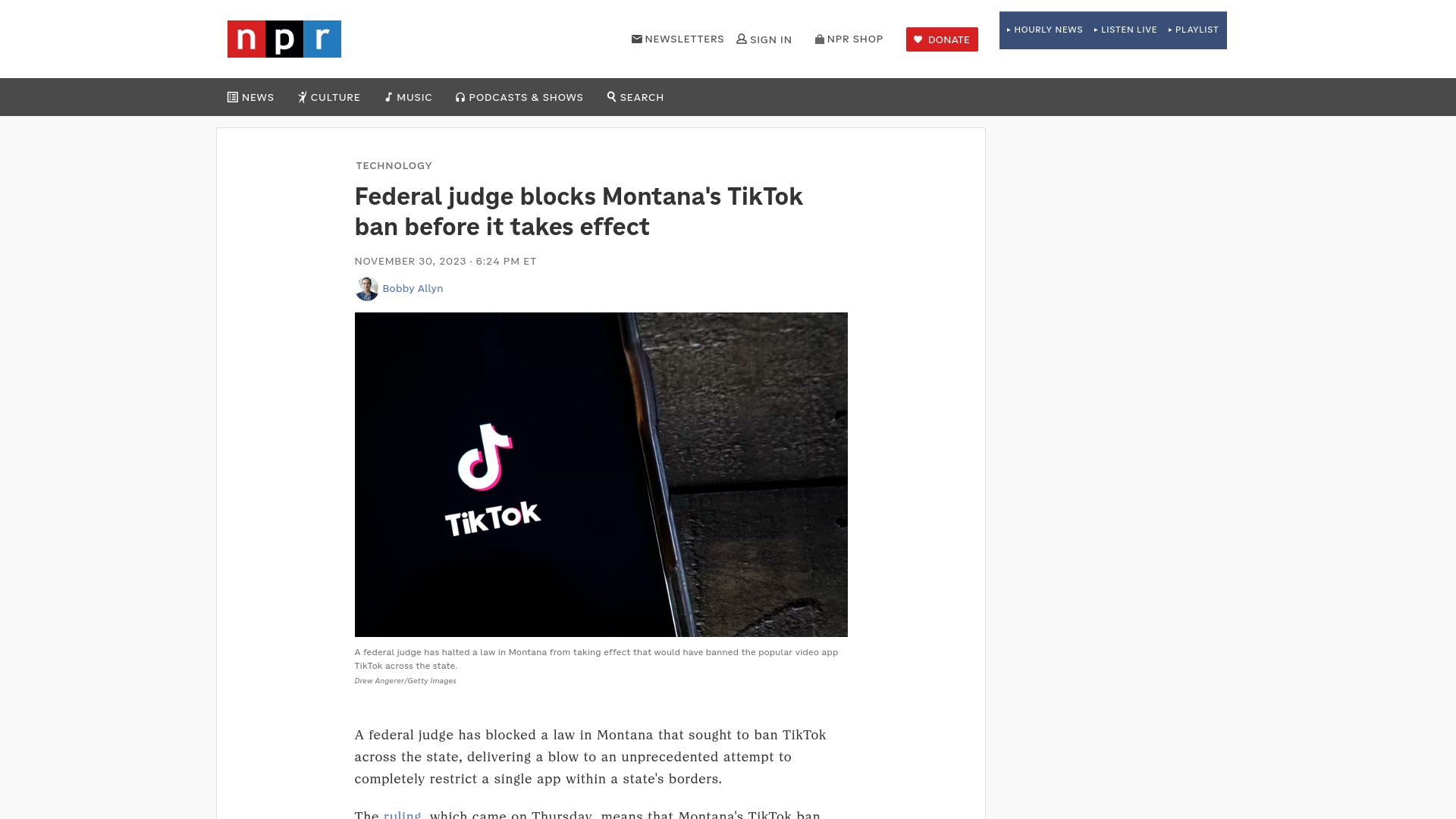 Screenshot of npr.org: Federal judge blocks Montana's TikTok ban before it takes effect