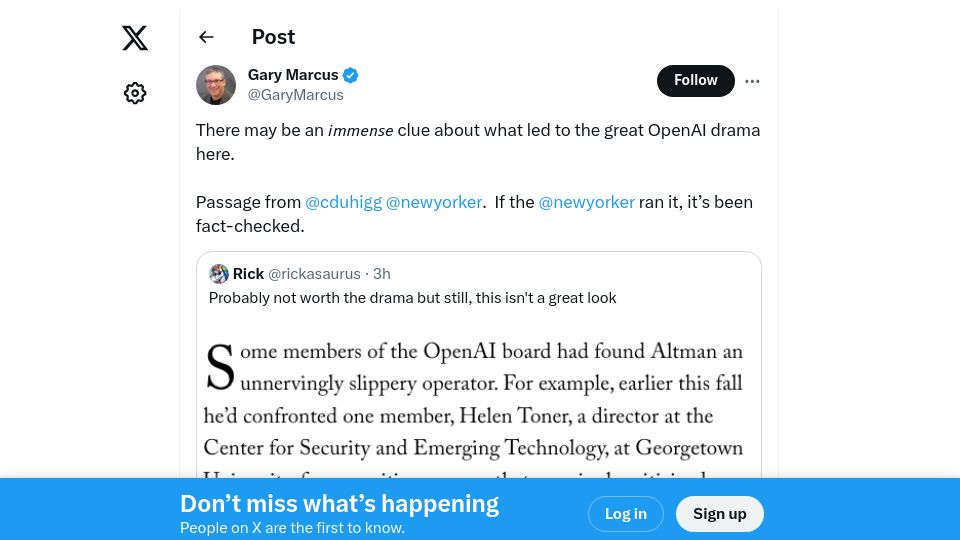 Screenshot of twitter.com: Members of the OpenAI board had found Altman an unnervingly slippery operator