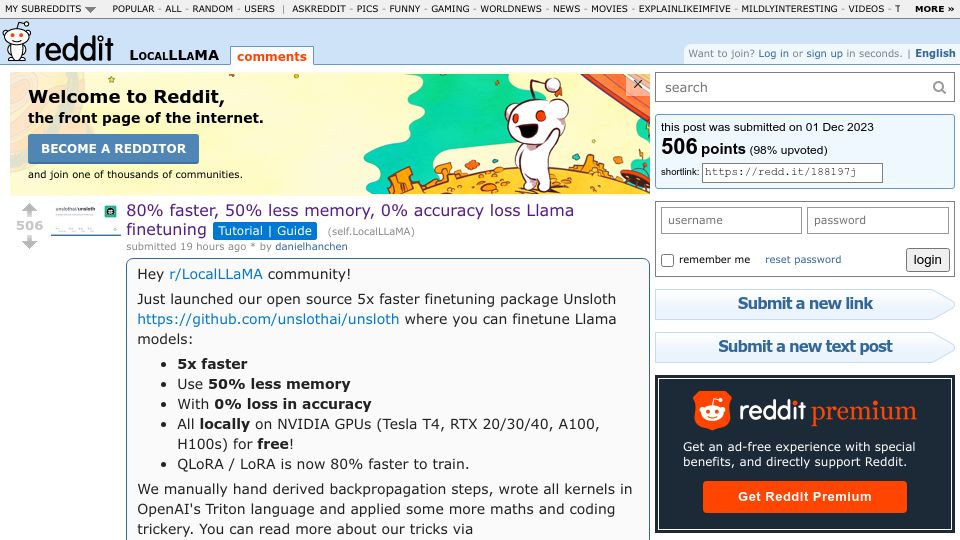 Screenshot of github.com: Unsloth: 80% faster, 50% less memory, 0% accuracy loss Llama finetuning