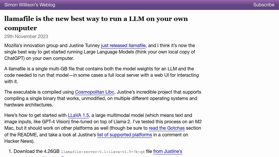 Screenshot of simonwillison.net: Llamafile is the new best way to run a LLM on your own computer