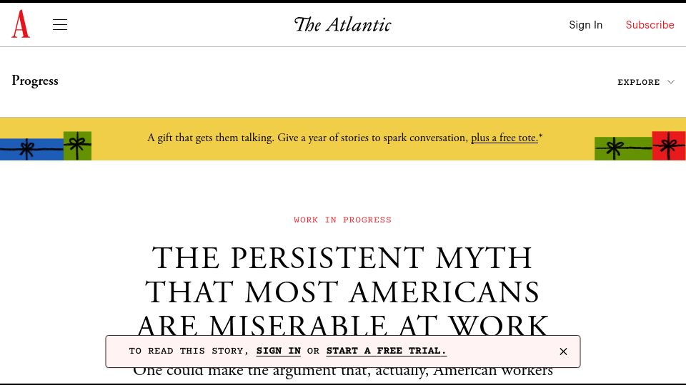 Screenshot of theatlantic.com: The Persistent Myth That Most Americans Are Miserable at Work