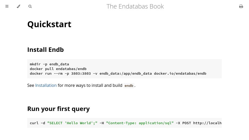 Screenshot of docs.endatabas.com: Endatabas: A SQLite-inspired, SQL document database with full history