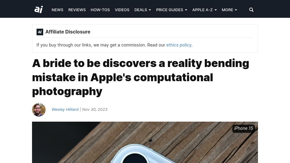 Screenshot of appleinsider.com: A reality bending mistake in Apple's computational photography