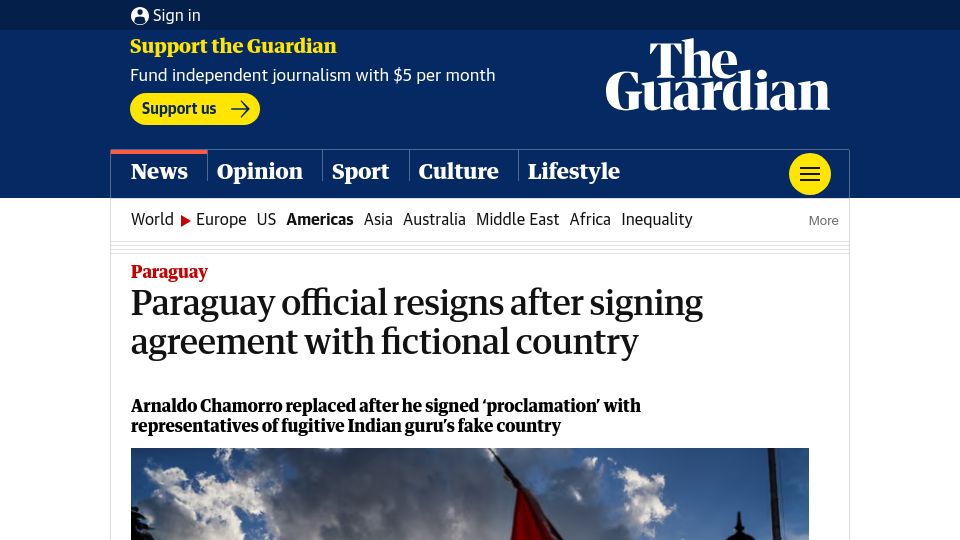 Screenshot of theguardian.com: Paraguay official resigns after signing agreement with fictional country
